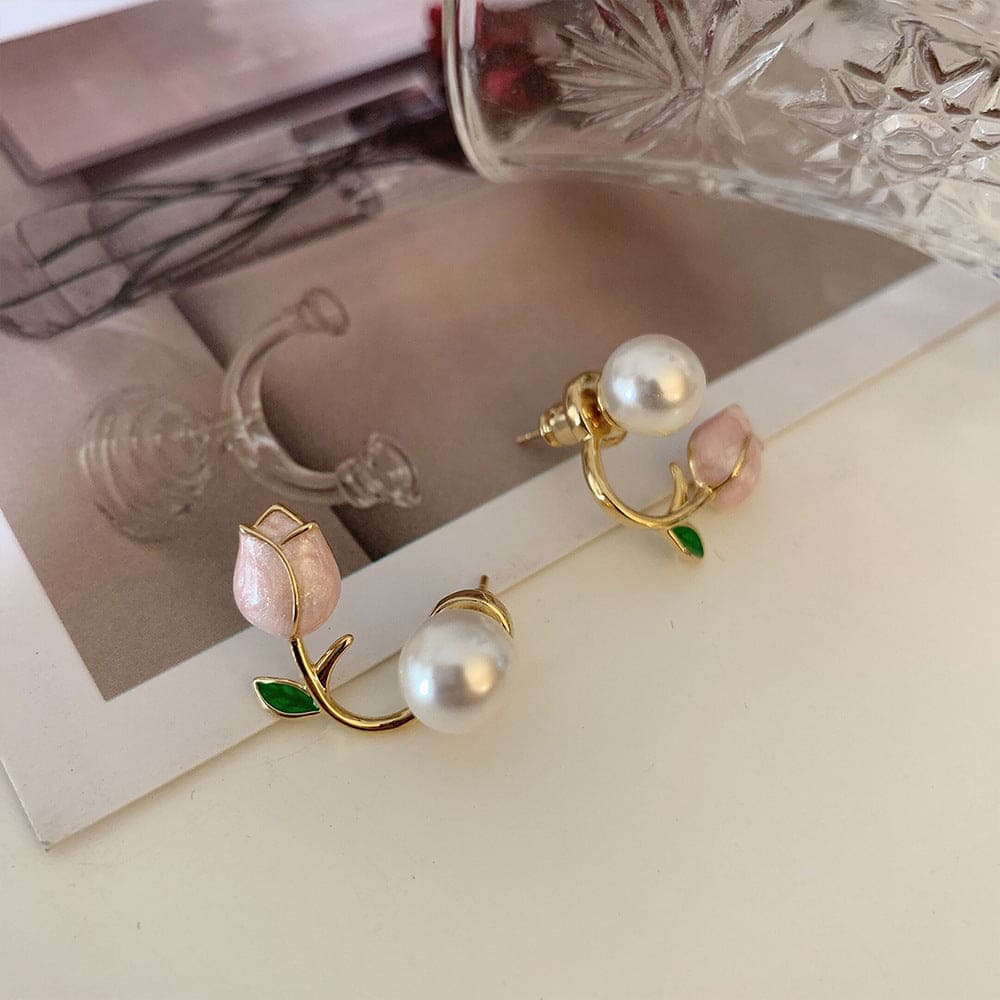 Luxury Pink Tulip Flower Pearl Stud Earrings, Light Luxury Design Sense Earrings, Elegant Zircon Pearl Earring Luxury Pink Tulip Flower Pearl Stud Earrings, Light Luxury Design Sense Earrings, Elegant Zircon Pearl Earring